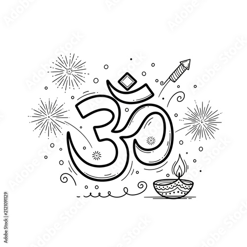 The Image Is A Black And White Line Drawing Of An Om Symbol Which Is A