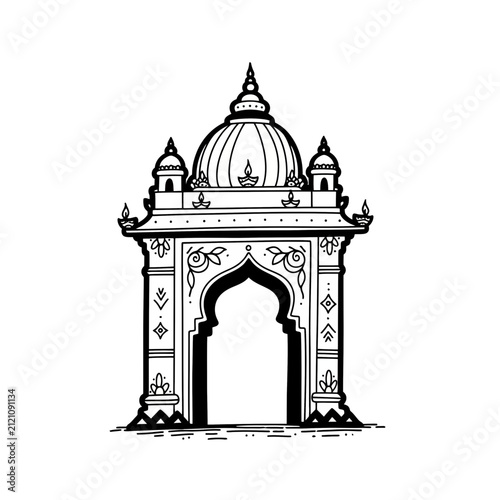 The Image Is A Black And White Line Drawing Of An Ornate Archway With A