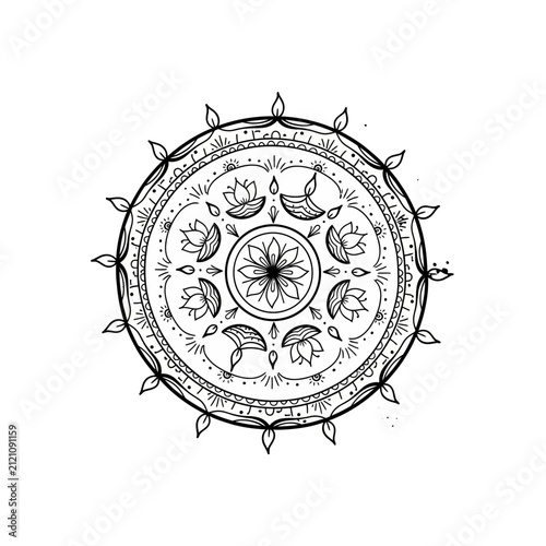 The Image Is A Black And White Line Drawing Of A Circular Mandala The