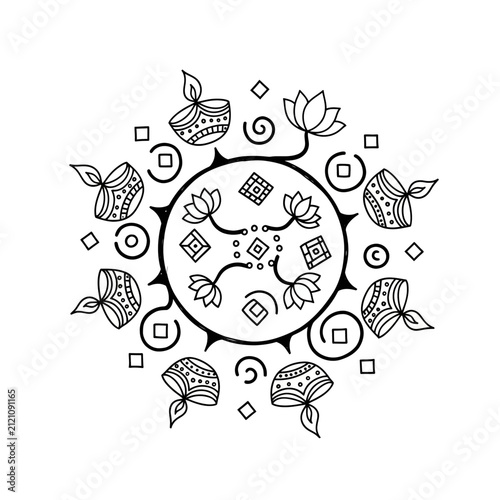 The Image Is A Black And White Line Drawing Of A Circular Design The