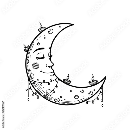 The Image Is A Black And White Line Drawing Of A Crescent Moon The Moon Is