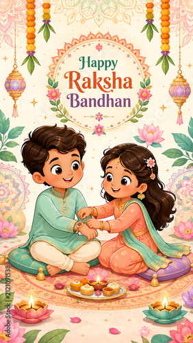 Happy raksha bandhan cheerful cartoon sister tying colorful rakhi on brother during festive rakhi purnima celebration with flowers lamps and sweets decorations
