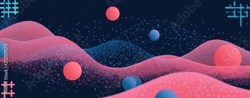 Abstract Pink and Blue Spheres Floating Over Gradient Landscape.