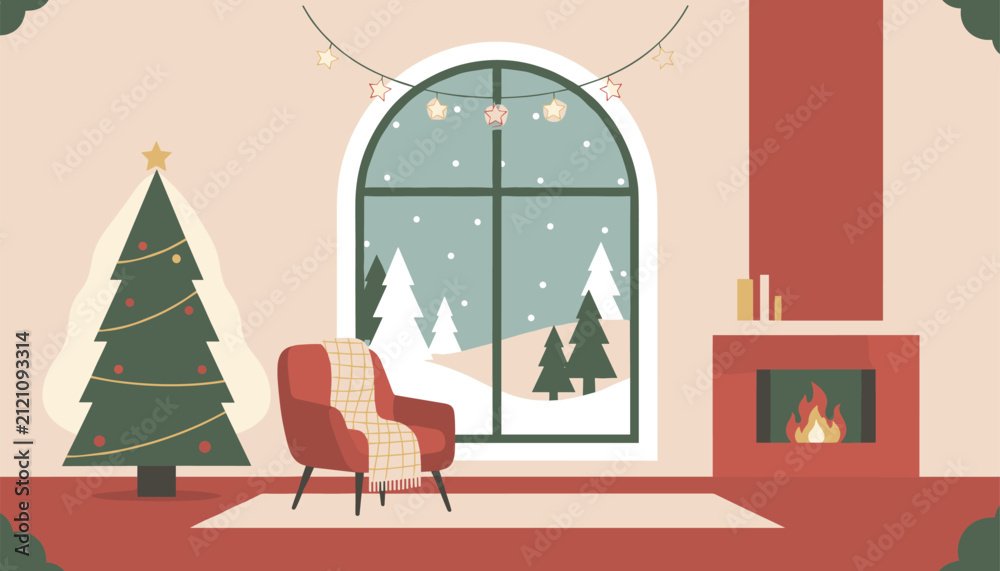 Naklejka premium Cozy winter living room interior decorated for Christmas with a fireplace, armchair, pine tree, and snowy window.