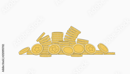 Abundant pile of shiny gold star coins arranged in messy stacks isolated on a white background.