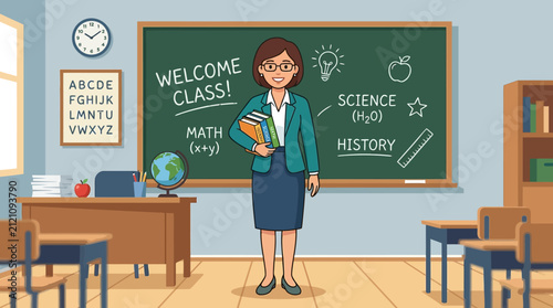 A friendly teacher stands in a classroom holding a stack of books