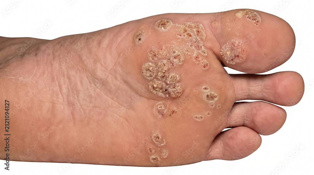 Fototapeta premium Dozens of Small Plantar Warts with Red Centers Scattered Across the Foot Sole - Severe Multifocal HPV Infection