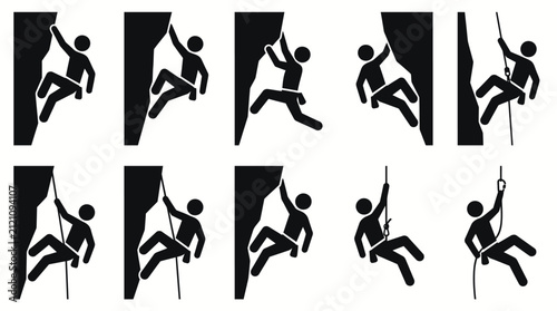 Rock climbers are depicted in various poses within this collection of black silhouettes on a white background.