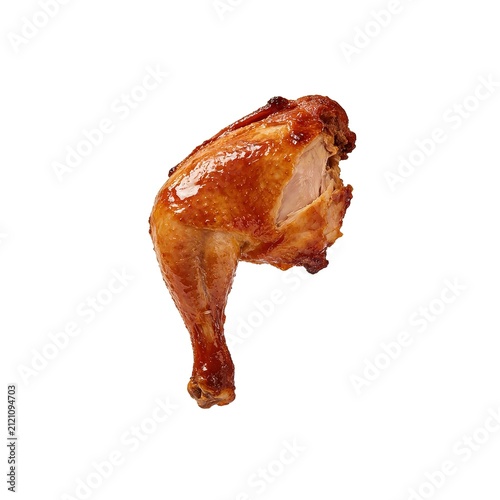 Roasted Whole Chicken Leg Shiny Golden Brown Crispy Skin Meat Exposed Isolated White