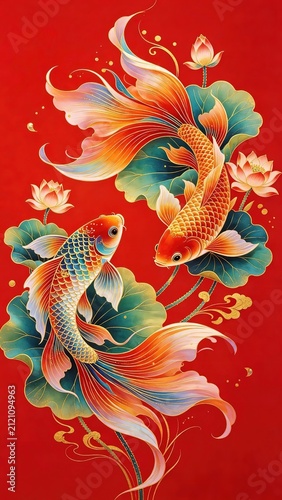 Traditional Chinese Two Koi Fish Gold Scales Translucent Fins Lotus Leaves Blossoms Red