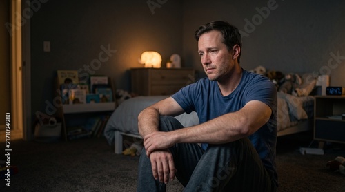 A man sits alone in a dimly lit bedroom, looking dejected. The room is messy and cluttered, with toys and books scattered around