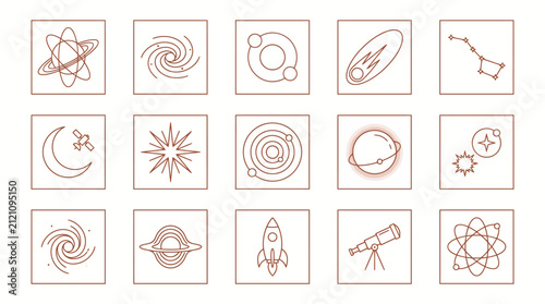 Obraz na plátne Astronomy icons featuring telescopes and galaxies are presented in a grid of fifteen square outlined graphics
