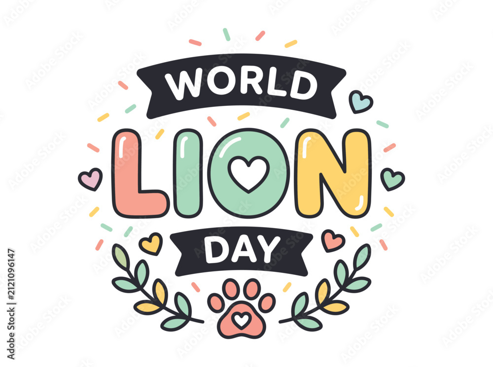 Obraz premium World lion day lettering with paw print and decorative elements