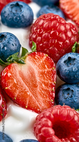 Fresh berry with creamy yogurt, seed, water droplet, juicy texture, natural caustic light, premium healthy breakfast nutrition, vibrant wellness food styling.