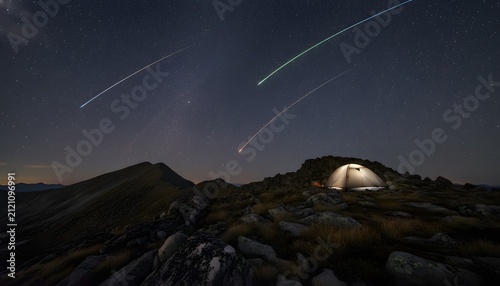 Illuminated camping tent on a rocky mountain peak while camping under meteor shower during Perseid meteor shower August night sky for outdoor adventure concept