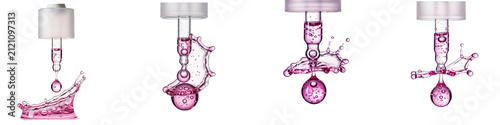 Pink cosmetic serum drops falling from glass dropper set on black background
