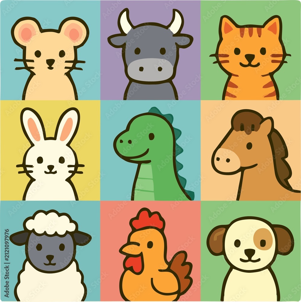Naklejka premium Colorful Cartoon Animals Vector Funny Cute