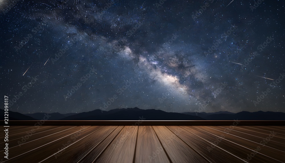 Obraz premium Bright Perseid meteor streaks and the Milky Way galaxy illuminate dark mountain peaks viewed from a wooden terrace for an August night sky stargazing concept