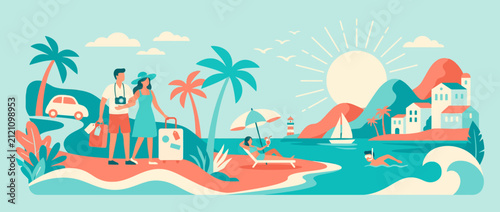 Foto Couple arriving at tropical summer beach resort destination.