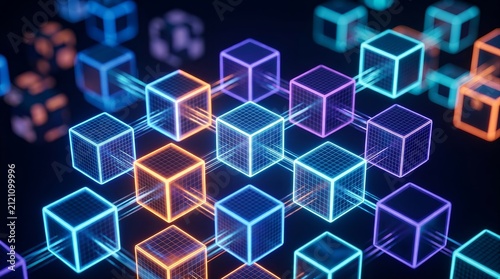 Interconnected cubes in a futuristic 3D network featuring glowing neon lights on a dark background.