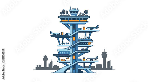 Futuristic airport terminal tower with airplanes landing