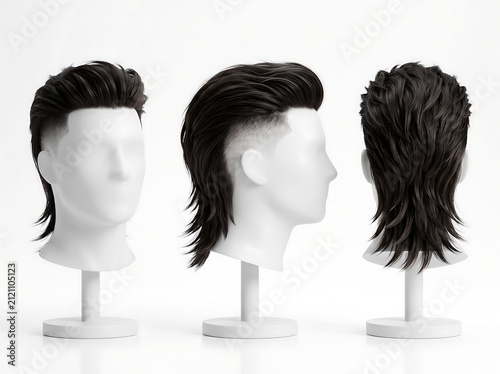 Three White Mannequin Heads Displaying Black Mullet Hairstyle from Different Angles