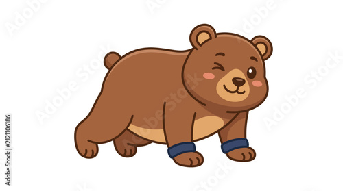 A cute brown bear character walking with a friendly wink