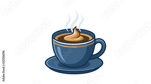 A steaming cup of hot coffee served in a blue ceramic mug on a matching saucer