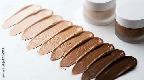 Various shades of liquid foundation makeup swatches on a table. global complexion collection