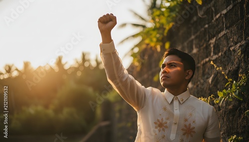 Proud Filipino man raising his fist in the air at golden hour sunset for a Philippine independence day freedom and national pride concept in a cinematic portrait