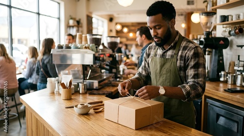 Male barista tying twine around cardboard box in modern coffee shop