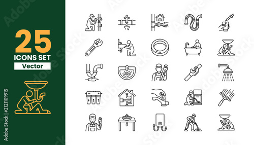 Cuadro en lienzo Plumbing repair 25 line icons set