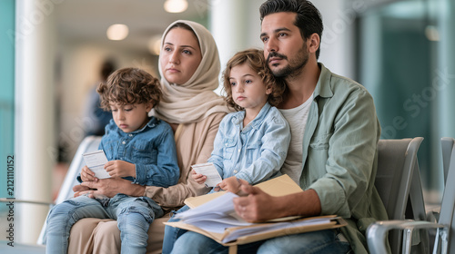 Refugee family with children waiting for immigration appointment holding documents in public service center