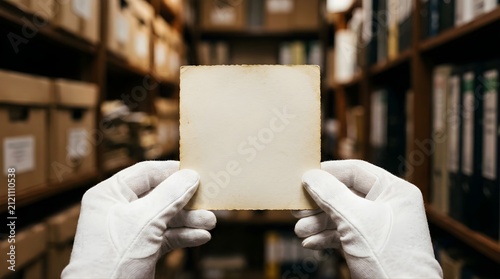 Person wearing white archival gloves holding a blank vintage paper square