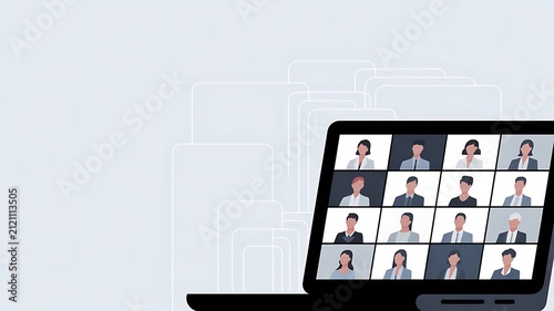 A clean minimalist vector illustration of a laptop screen displaying a professional remote video conference meeting