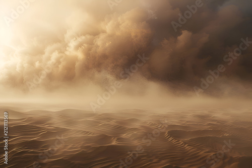 Dramatic sandstorm clouds rolling over desert dunes at sunset