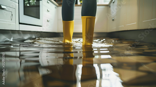 Young adult in yellow boots standing in flooded kitchen after water leak