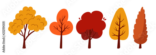 Autumn trees set with colorful fall foliage isolated on clean white background