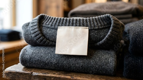 Grey wool sweater with blank clothing label on wooden store shelf