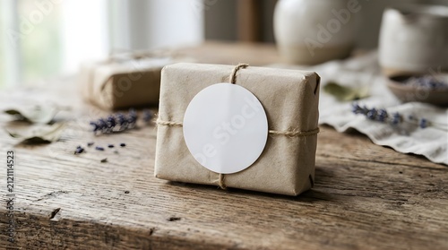 Handmade soap bar wrapped in craft paper with round blank label mockup