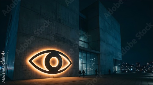 Illuminated eye symbol on modern concrete building facade at night