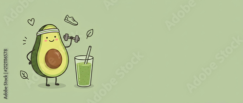 Cute cartoon avocado character doing fitness workout with dumbbell and green smoothie glass on light green background with copy space