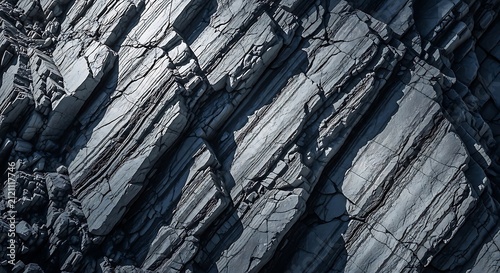 Dramatic close up of layered grey rock formation with deep crevices and sharp geological textures, natural stone background