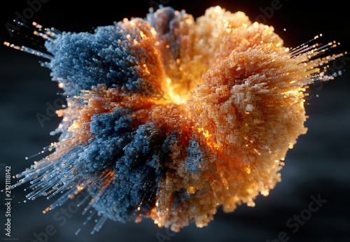 Abstract 3D pixels particle explosion with orange and blue energy burst