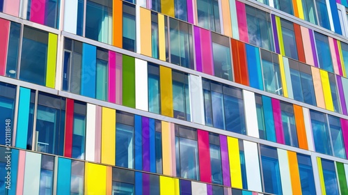 Modern office building facade with colorful glass panels