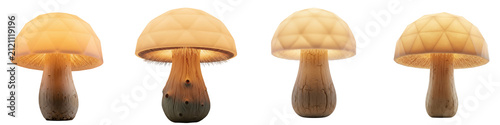 Four Decorative Mushroom Lamps with Geometric Glowing Caps and Wood Bases