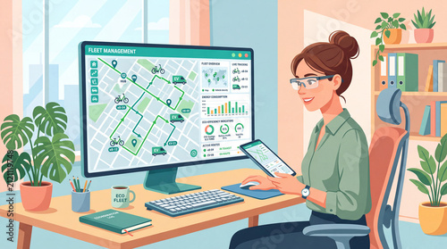 Female logistics coordinator using computer and smartphone monitoring fleet management dashboard, eco-friendly delivery routes and EV tracking flat vector illustration