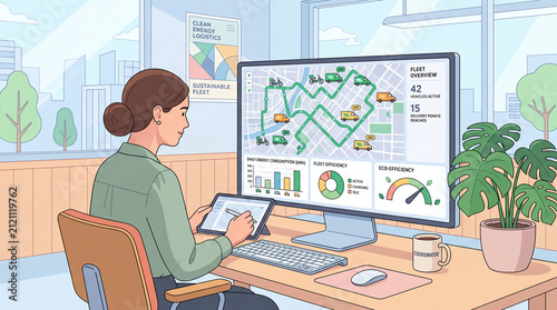 Logistics analyst working on graphic tablet monitoring clean energy fleet dashboard, sustainable delivery map, daily energy consumption and eco efficiency flat vector illustration