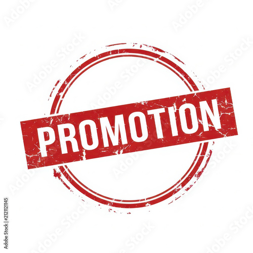 Red round grunge rubber stamp with the word promotion written on it