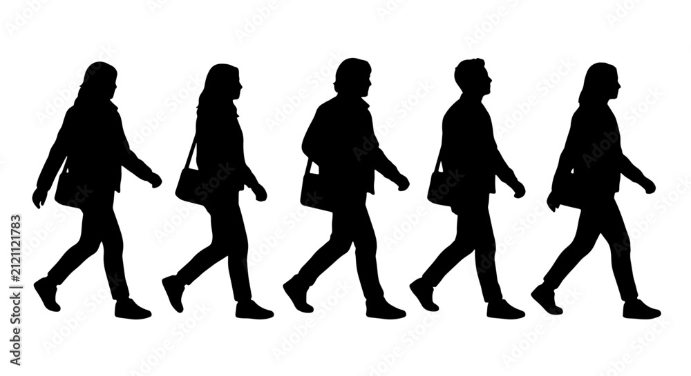 Obraz premium Diverse Group Walking Silhouettes, Business People Commuting, Casual Figures Striding, Vector Icons for Presentation and Design